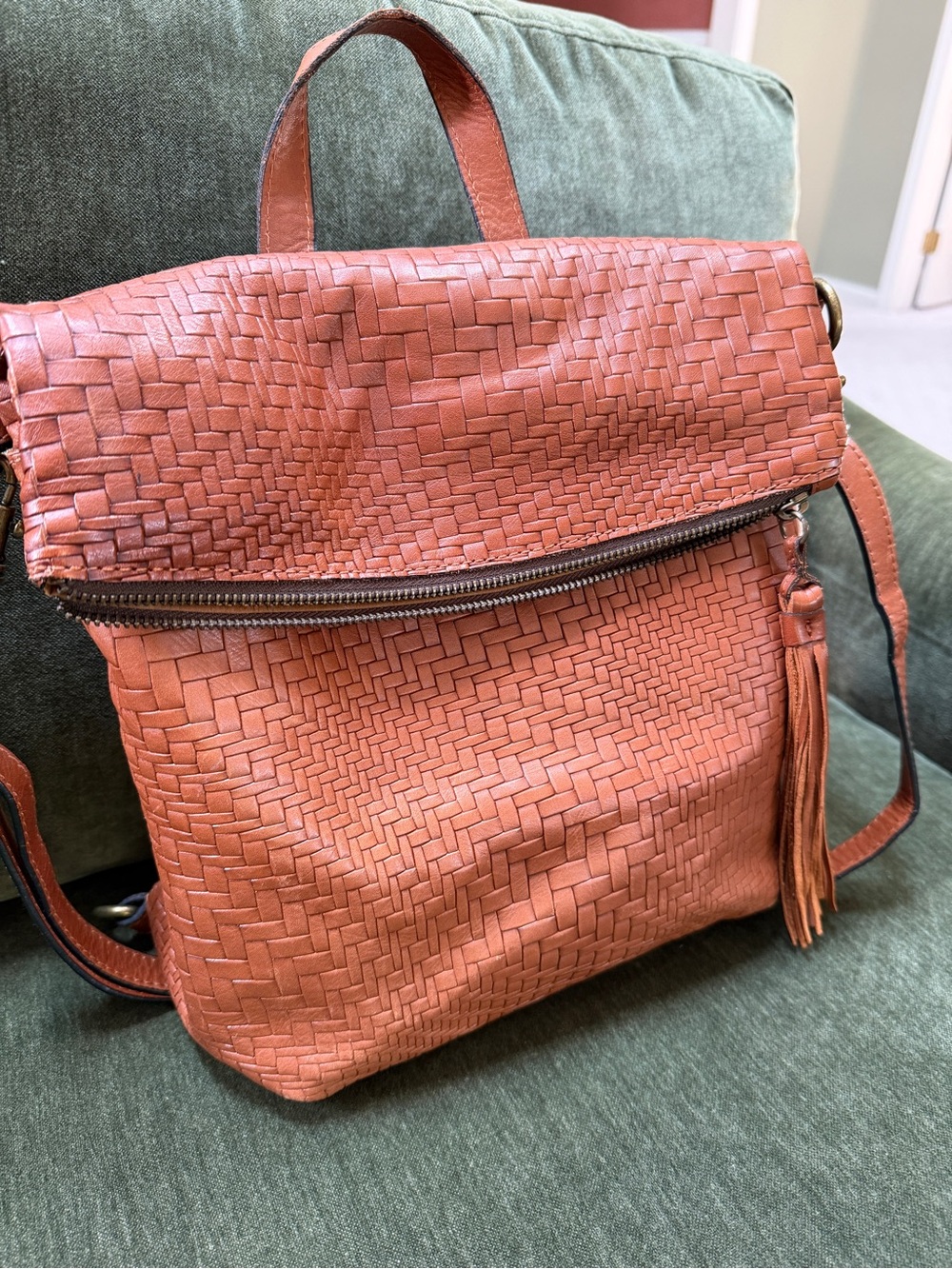 Patricia Nash Woven Leather Fold-Over Crossbody Bag in cognac leather